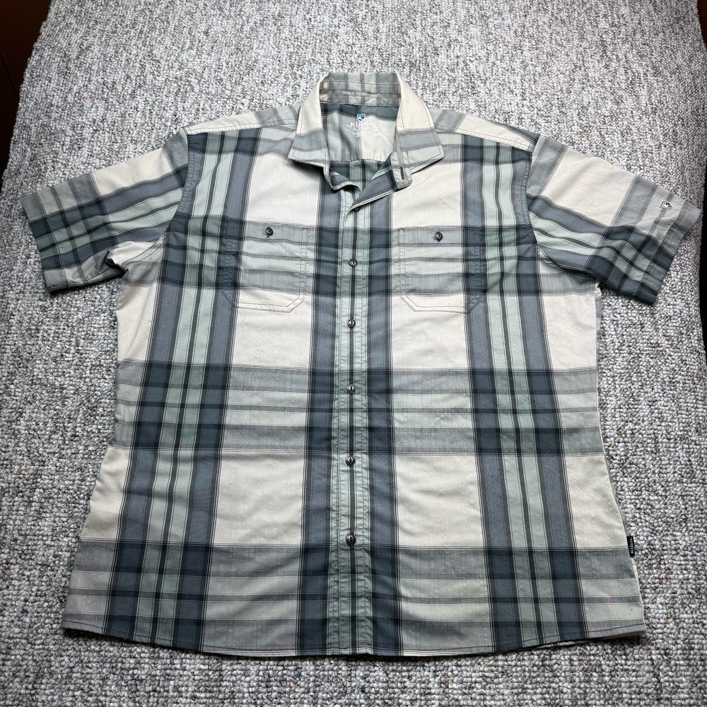 KUHL Styk Shirt Mens XL Tapered Fit Blue Plaid Button Up Outdoors Hiking 7383